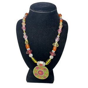 Handcrafted Multicolor Beaded Necklace Artistic Green Pink Pendant Boho Colorful